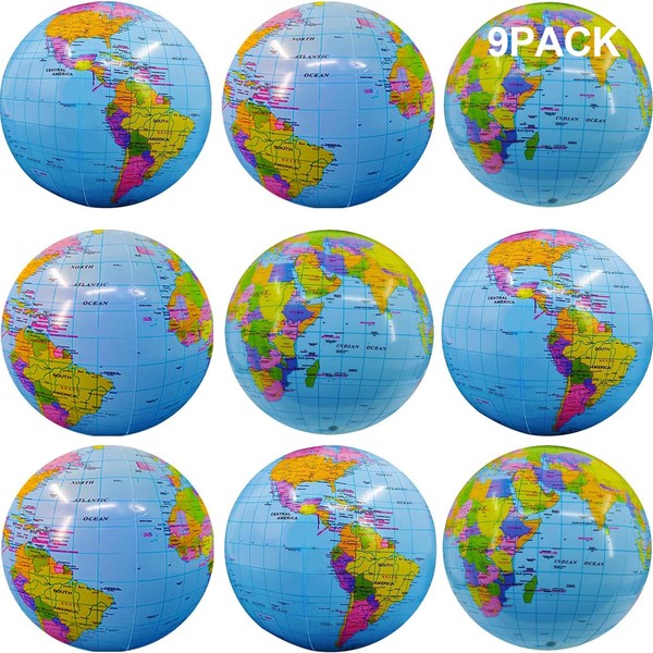 9 Pack Inflatable Beach Balls Bulk Jumbo 16" World Globe