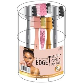 DONNA Cepillo y peine 3 en 1 EZ Styling Edge con cola de púas – Paquete económico de 36 piezas – Mango cromado para controlar el borde del cabello, separar y alisar (cromado)
