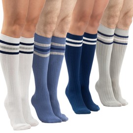 SERICI Knee Socks | 4 Pairs Striped Cotton Knee High Socks For Men or Women | Tube Socks (Blue Stripes)