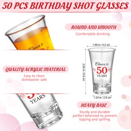 Pickmesh 50 Sets Black Red Birthday Party Favors for Guests Souvenir Multicolor 50 Years Old Gift Bulk Acrylic Clear 1.2oz Shot Glasses with Thank You Cards and Gift Bags, 40/50/60/70th Birthday