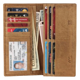 Mou Meraki Mens Vintage Genuine Leather RFID Blocking Long Wallet Bifold Wallets For Men (ANCIENT COGNAC)