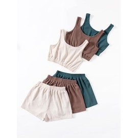 GORGLITTER Women's Vacation Outfits Cute 6 Pieces Crop Tank Top and Shorts Set Summer Trendy Multicolor Blue Large