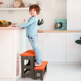 AMOISE Folding 2-Step Stool, Non-Slip Portable Footstool 8" & 17" Dual Heights, Holds 250 lbs, Portable Footstool for Kitchen Home Toilet Bedroom Office Bathroom RV(Orange)