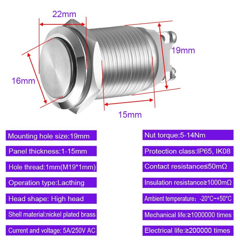 Gebildet Gebildet 2pcs 19mm 5A/12V/24V/125V/250V Verriegelung Druckschalter Schraubklemmen Edelstahl Metall