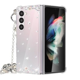 Omio Compatible with Samsung Galaxy Z Fold 8 Ultra 5G Case with Crossbody Chain Strap Bracelet Cute 3D Handmade Sparkle Crystal Diamond Bling Glitter Hard PC Phone Case for Women Girls Clear