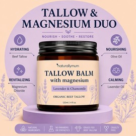 NaturallyMum Magnesium Tallow Balm | Lavender & Chamomile | Organic Beef Tallow Skin Balm | Nourishing Body Balm for Dry Skin | Gentle, Natural Moisturiser for Night Routine | 120ml