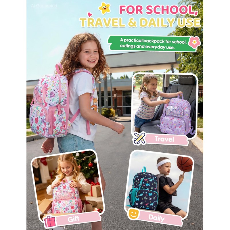 RAVUO Kids Backpack, 14.6" Toddler School Bag for Girls Ages
