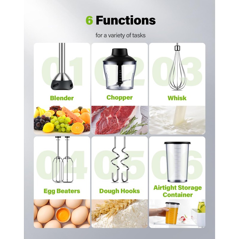 6-in-1 Immersion Blender, 1000W Hand Blender with 20 Speeds, Scratch-Resistant