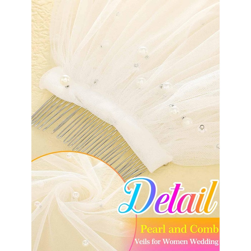 HEREAD Pearl Bride Wedding Veil Short Elbow Length 2 Tier