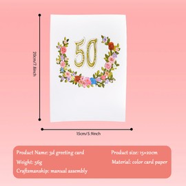 Hierein Birthday Card 50 Years, Beautiful Flower Design, Pop Up Card for 50th Anniversary, Romantic Flowers Card with Envelope, Birthday Card, 3D Anniversary Birthday Card for Women, Mothers, Wife