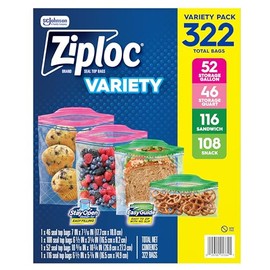 Ziploc Bolsas de Almacenamiento Reutilizables, Contenedores para Alimentos y Organización, Pack Variado 322 Unidades