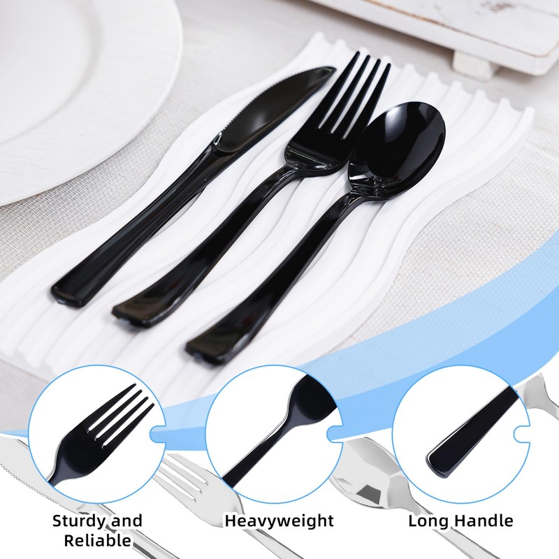 200 Count Black Plastic Forks, Heavy Duty Disposable Cutlery