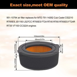AWSZH 2PCS 951-10794 Air Filter Fit for 951-14262 751-10794 751-14262 for MTD Series 208 cc Troy-Bilt Premium OHV engine Yard Machine Outdoor Huskee Bolens Tillers Craftsman Lawn Mower with Pre-Filter