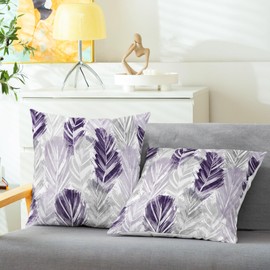 CaliTime Throw Pillow Cases Pack of 2 Cozy Fleece Two-Tone Abstract Artistic Feather Decorative Cushion Covers for Couch Bed Sofa Farmhouse Decoration 18 X 18 Inches Deep Purple Grey