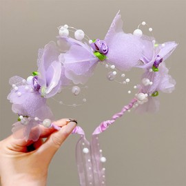 Adjustable Flower Crown Headband for Women - Floral Garland Hair Wreath with Crystal Accents Perfect for Weddings Flower Wands Photo Props (Purple Flower Beaded, Adjustable)