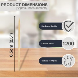 1200 Large 6.5cm Round Cocktail Sticks - Wooden Toothpicks Refill and Dispenser, Sturdy Safe Double Sided Picks for Dental Teeth Picking Party Buffet Canapé Appetisers Barbecue