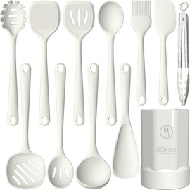 oannao Silicone Kitchen Utensils Set, 600°F Heat Resistant Silicone Cooking Utensils, Spatula, Spoon, Whisk, Tongs, Kitchen Gadgets for Nonstick Cookware, Dishwasher Safe BPA Free (Cream White)