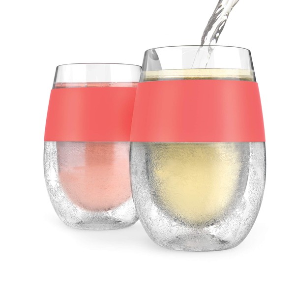 Host Wine Freeze Cup Set of 2 - Plastic Double Wall Insulated Wine Cooling Freezable Drink Vacuum Cup with Freezing Gel, Wine Glasses for Red and White Wine, 8.5 oz Coral - Gift Essentials