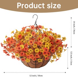 Artificial Plants Fake Fall Flowers with Hanging Basket for Outdoors Decor, Autumn Garden Decor Fake Plants Fake Silk UV Sun Resistant with 12 Pcs Daisy Flowers Eucalyptus for Patio Porch Home Decor