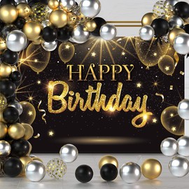 IIILUYOT Black Gold Happy Birthday Party Decorations Backdrop, Golden Balloons Glitter Star Birthday Party Photo Background Banner Extra Large Wall Decor Props Party Supplies 6 * 4.2ft
