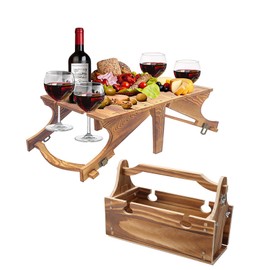 Zjyufy 2 in 1 Folding Wooden Picnic Basket Table Outdoor Portable Vintage Picnic Table Foldable Picnic Table with Glass Holder Fruit Snack Tray
