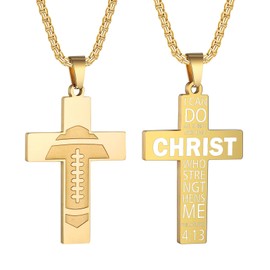 HattiDoris Football Cross Necklace for Men - Inspirational Bible Verse Pendant, Stainless Steel Chain, 22+2 inch, Sports Gift for Men (G-I Can Do) Over 18 years old