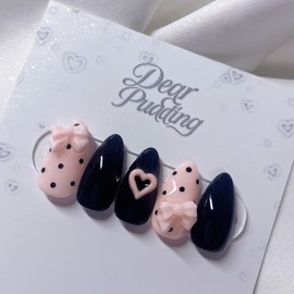 [Handmade Nail Tips] Ribbon Dotted Nail Tips - Short Oval / [수제네일팁] 리본땡땡이 네일팁 - 숏오벌