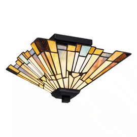 2-Light Tiffany Style Semi-Flush Mount Ceiling Light, Matte Black Finish with Handcrafted Multicolor Earth-Tone Shade, Damp Rated, Dimmable, Compatible with LED and Incandescent Bulbs