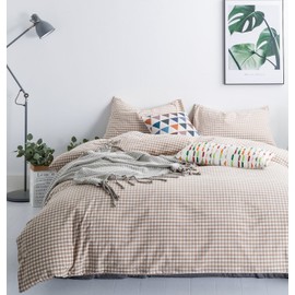 SUSYBAO 3 Pieces Duvet Cover Set 100% Washed Cotton Bedding Set Queen Size Gingham Checkered Print Tan Beige 1 Plaid Duvet Cover with Zipper Ties 2 Pillowcases Premium Quality Super Soft Comfortable