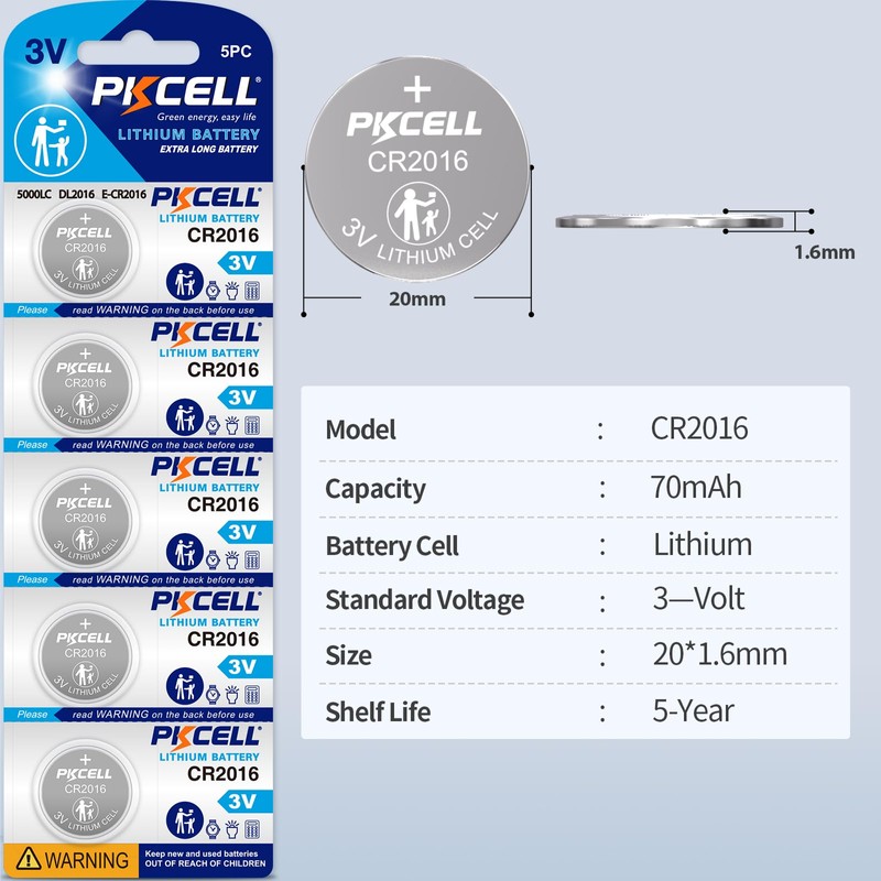PKCELL 5 Pack CR2016 Battery CR 2016 3V Lithium Battery