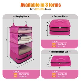 Lilyfantasy Portable Hanging Travel Shelves Bag, Travel Packing Cube Organizer, Large Capacity Carry-On Closet, Foldable Suitcase Storage with 4 Compartments (Rose Red)
