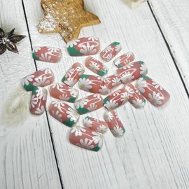 Green French Tip Press on Nails Short Medium Square Full Cover False Nails with Daisy Flower Designs Summer Green Sunflower Acrylic Reusable Artificial Nails for Women and Girls Manicure Decoration