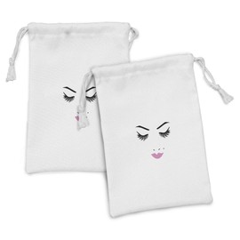Ambesonne Eyelash Fabric Pouch Set of 2, Closed Eyes Pink Lipstick Glamor Makeup Cosmetics Beauty Feminine Design, Small Drawstring Bag for Toiletries Masks and Favors, 9" x 6", Fuchsia Black White