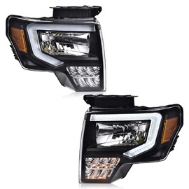 PIT66 LED Headlight Assembly Compatible with Ford F150 2009 2010 2011 2012 2013 2014, Driver & Passenger Clear Lens Black Housing Amber Reflector Headlamp Front Light