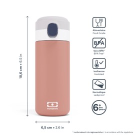 MONBENTO - Insulated Bottle MB Pop pink Moka - 360ml - Leakproof - Hot/Cold Up to 12 Hours - Small Water Bottle for Kids School/Park or for Adult To Slip into Handbag - BPA Free Food Grade Safe - Pink