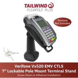 ENS Tailwind Verifone Vx520 EMV CTLS 7" Latch and Key Lock Pole Mount Terminal Stand, Adhesive Installation, Black