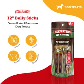 Beefeaters 12in Bully Sticks 6ct – All-Natural, Highly Digestible, Promotes Dental Health, No Additives or Preservatives, Ideal for Training & All Dog Sizes