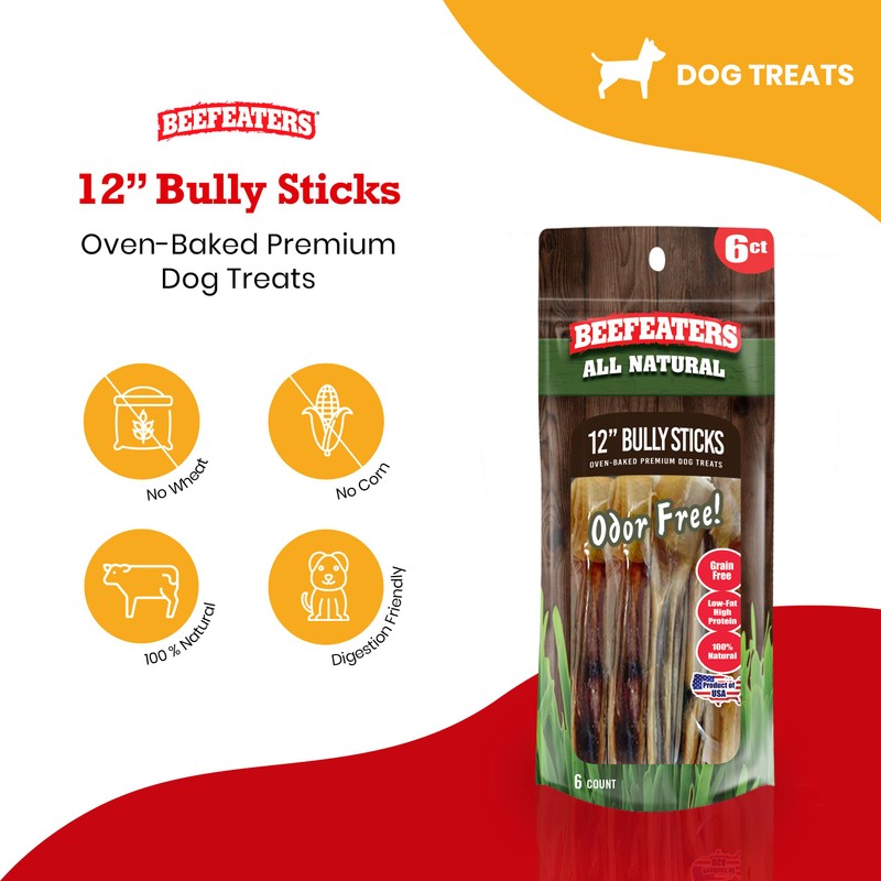 Beefeaters 12in Bully Sticks 6ct – All-Natural, Highly Digestible, Promotes