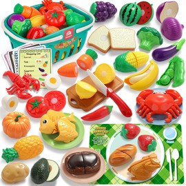 Coogam Pretend Play Food Set for Kids, Fake Fruits Meats Vegetables Balanced Meal Mixing and Cutting Toy, Play Kitchen Accessories with Shopping List, Educational Toy for 3 4 5 Years Old Kids
