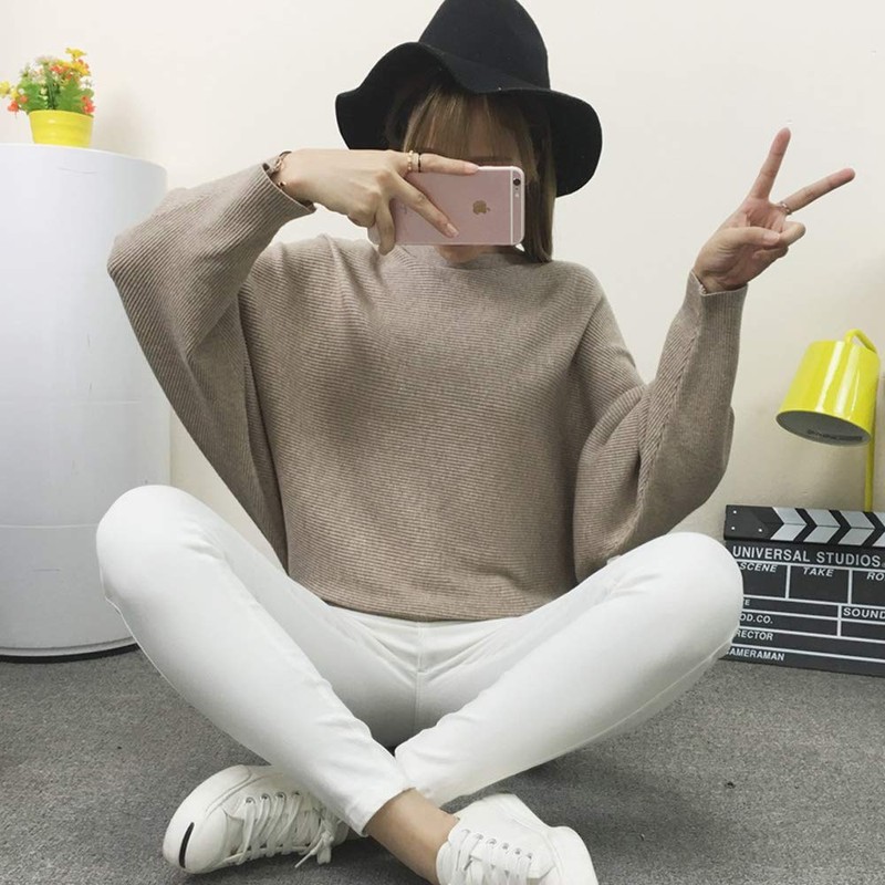 Women's Sweater Off Shoulder Batwing Sleeve Loose Pullover Solid Sweater