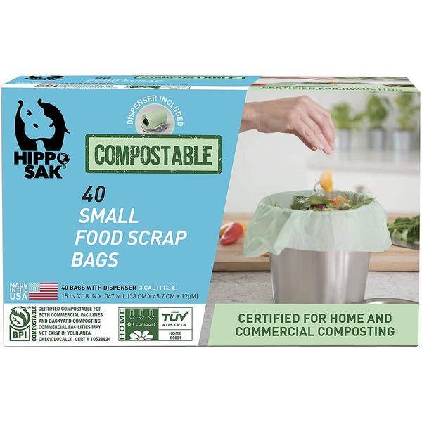 Hippo Sak Compostable Small Food Scrap Bags, 40 Count with Dispenser