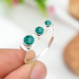 JEWELSTREZORO Green Paraiba Tourmaline Lab Grown Gemstone Silver Band Ring Solid 925 Sterling Silver Band Ring for Men And Women Band Ring TSR1265AS_3 (J)