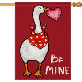 Valentines Day House Flags for Outdoor Decoration, BE MINE Funny Goose with Love Heart Large Yard Flag, Seasonal Decorative Decor for Holiday Anniversary Wedding Outside 28x40 Inch Double Sided