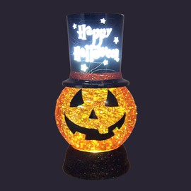 Lighted Water Jack-O-Lantern with Witch Projection Hat and Swirling Glitter, Festive Fall Décor, 9.75 Inches High