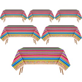 Hosuly Mexican Fiesta Tablecloth 54 x 108'' Party Plastic Tablecloth Striped Table Cover for Mexican Fiesta Party Decorations(Retro Style, 6 Pcs)