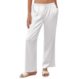 Ekouaer Womens Silk Satin Wide Leg Pajama Sleep Pants Casual Loose Soft Lounge Pants Elastic Waist Pj Bottoms with Pockets, White, S