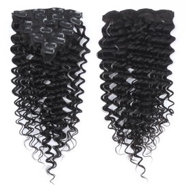 Clip-in-Haarverlängerungen, Echthaar, 45 cm, Echthaar-Extensions für Frauen, doppelte Tresse, nahtlos, brasilianische tiefe Welle, 8 Stück, 120 g, 20 Clips, Naturschwarz