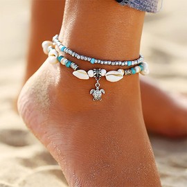 Chaioe Boho Double Beads Anklet Turtle Ankle Bracelets Shell Foot Chains for Women and Girls