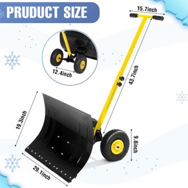 Snow Shovel with Wheels,29.1" W x 19.3" H Heavy Duty Snow Pusher for Driveway,Ergonomic Snow Pusher Shovel with Snow Removal Adjustable Angle & Height Handle for Driveway, Pavement (Black)