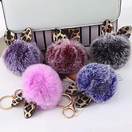 CHROME CRANE WB080 Women's Cat Ears Cat Leopard Pattern Cute Key Ring Charm Keychain, 02. pink
